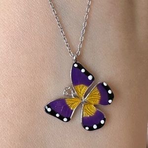 925 Silver purple yellow butterfly enamel necklace